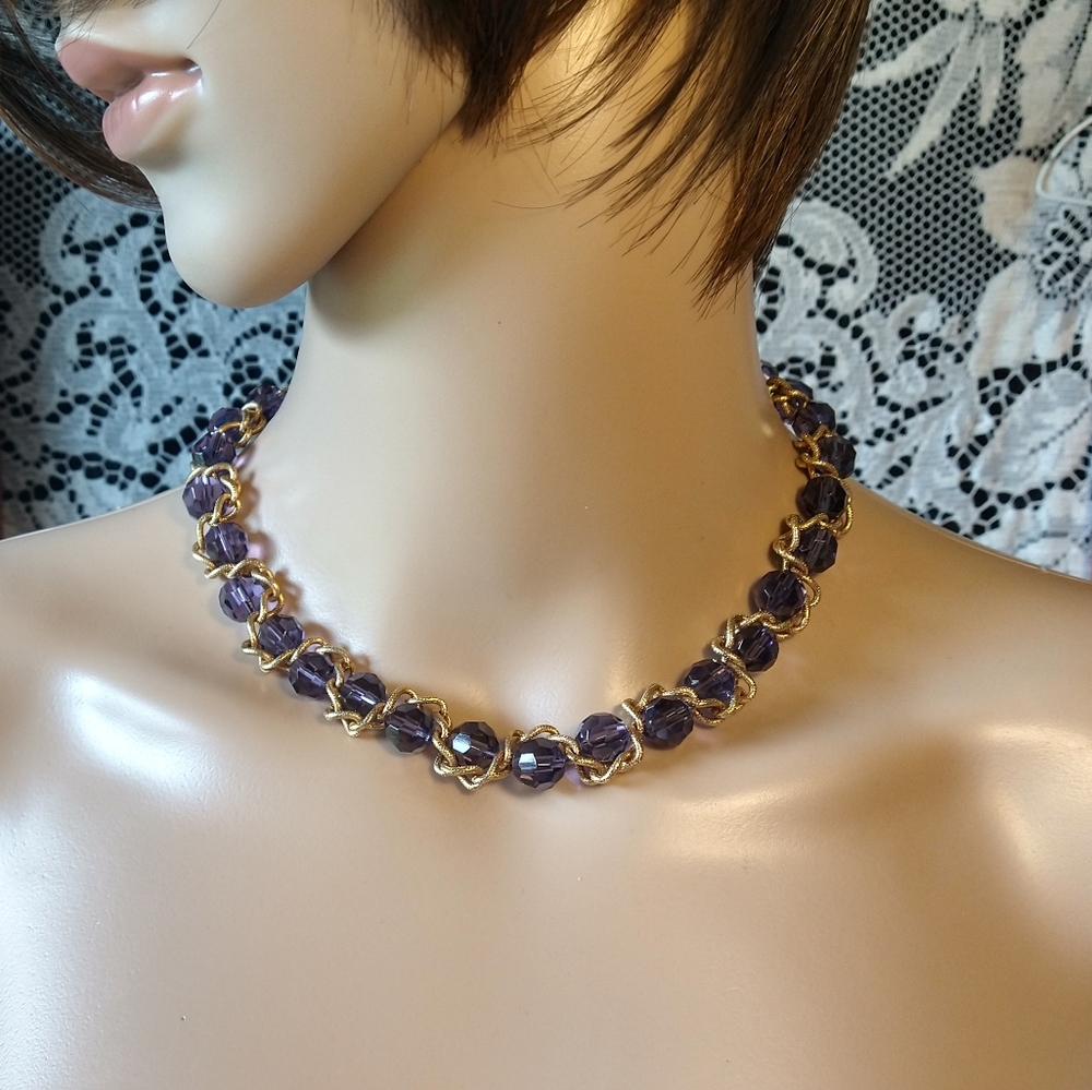 Purple crystal bead and gold tone necklace 16 - 18 inches twisted rope choker